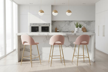 Lot 2 Tabourets de Bar Teddy Velours Rose Pieds Gold 47x36x98cm