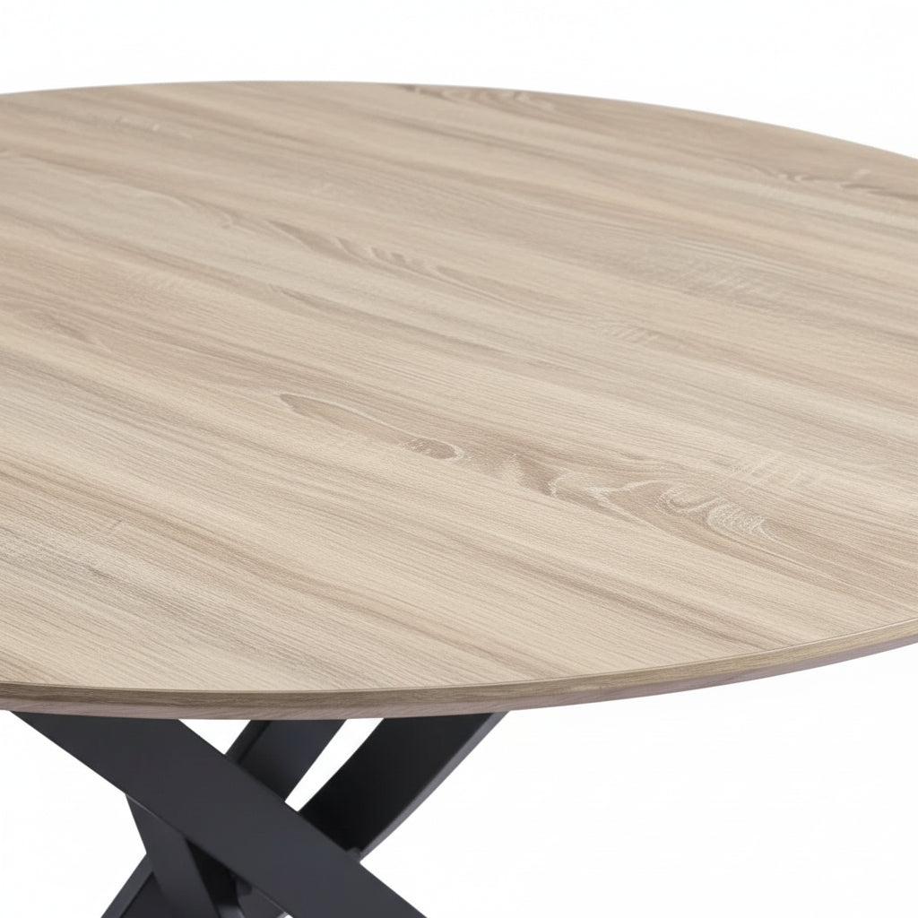 Ensemble table ronde chêne 100 cm + 4 chaises tissu beige JESSICA