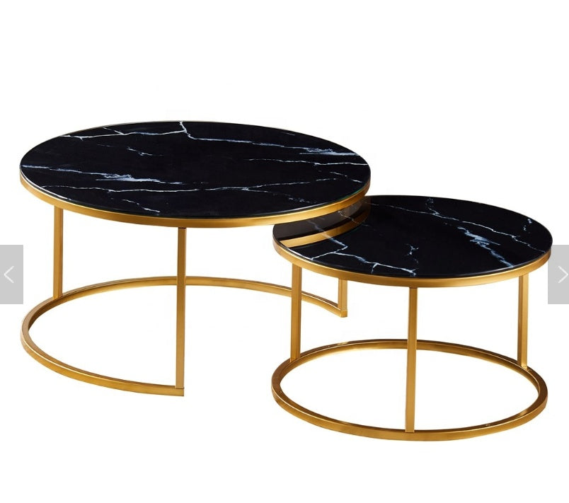 Lot de 2 tables Basses Gigogne ARTO Gold et plateau en verre Marbré Noir #couleur_marbré noir