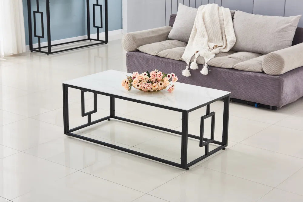 Table Basse SOPHIE Pieds Métal Noir Plateau Verre Trempé Marbré Blanc 120x60x45cm