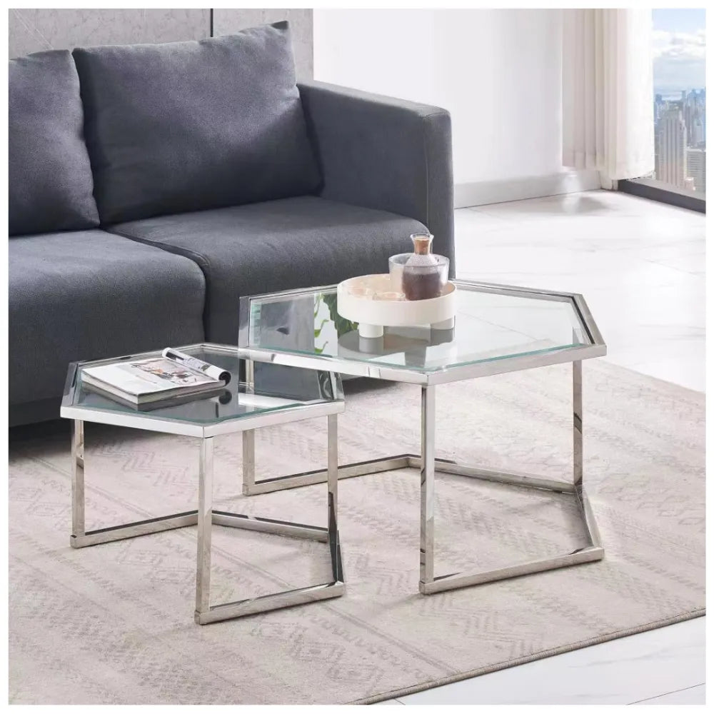 Lot 2 Tables Basses Hexagonales Verre Chrome 60x52x42 50x45x38 HEXAGONA