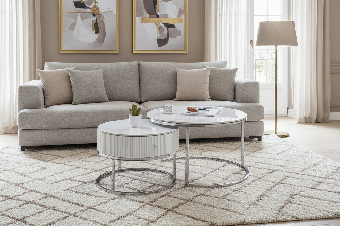 Tables basses SAMIRA Gigogne Chrome Marbre Blanc avec Tiroir