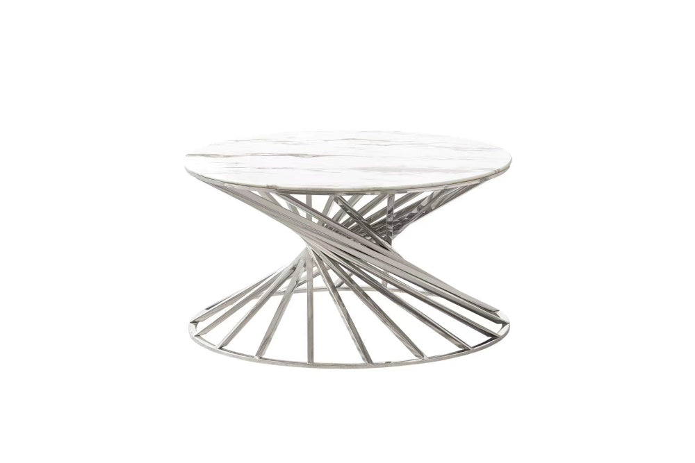 Table Basse NAUTILUS Ronde Plateau Verre Trempé Marbré Blanc Pieds Chrome D80x45cm