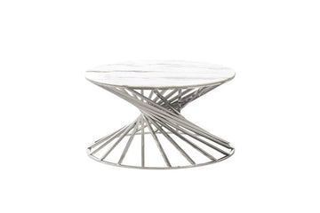 Table Basse NAUTILUS Ronde Plateau Verre Trempé Marbré Blanc Pieds Chrome D80x45cm