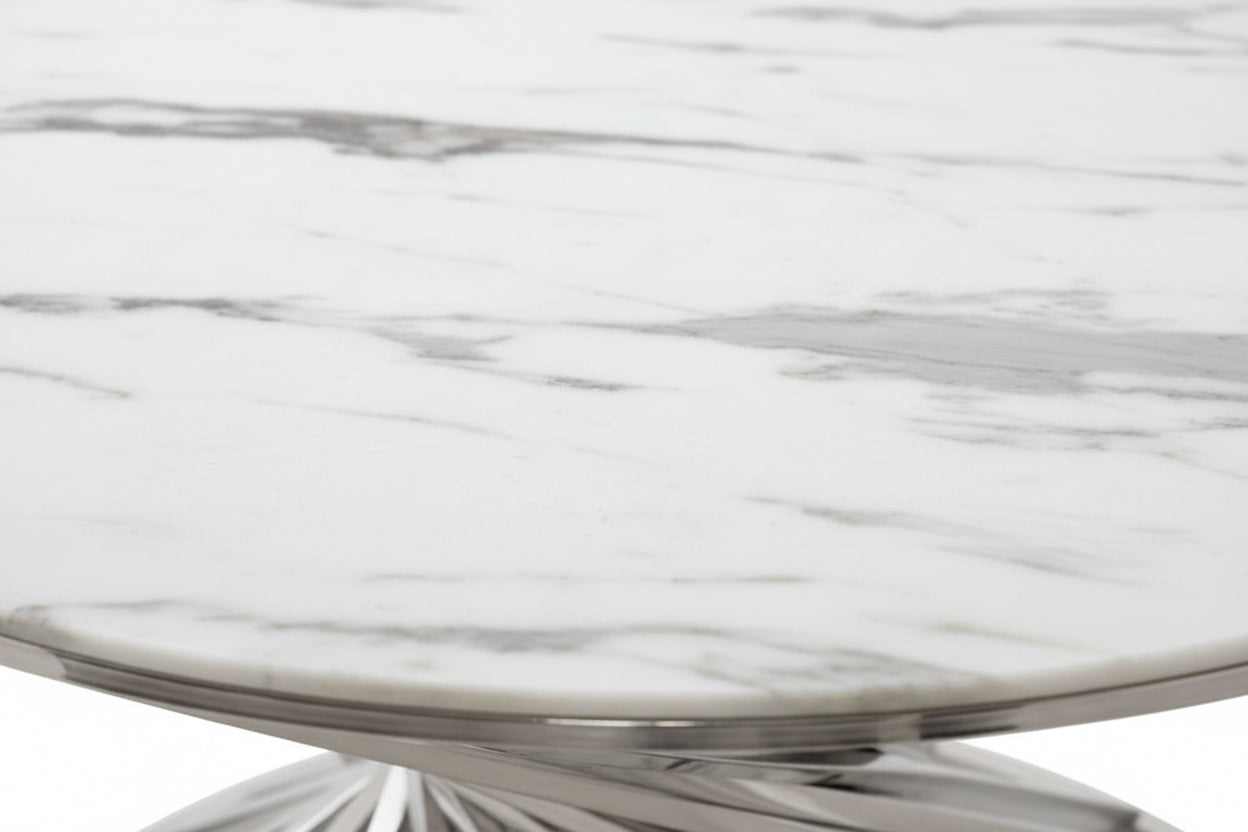 Table Basse NAUTILUS Ronde Plateau Verre Trempé Marbré Blanc Pieds Chrome D80x45cm
