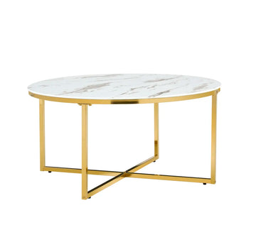 Table Basse LORIE Ronde Plateau Verre Trempé Marbré Blanc Structure Métal Gold D90x45cm