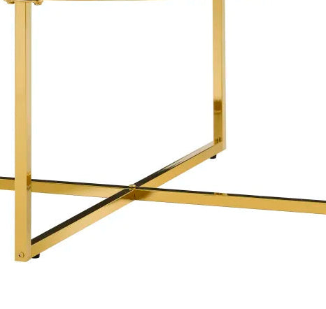 Table Basse LORIE Ronde Plateau Verre Trempé Marbré Blanc Structure Métal Gold D90x45cm