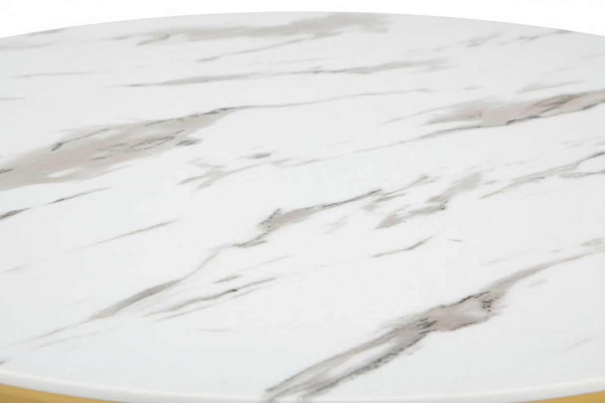 Table Basse LORIE Ronde Plateau Verre Trempé Marbré Blanc Structure Métal Gold D90x45cm