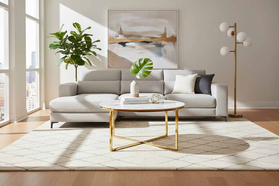 Table Basse LORIE Ronde Plateau Verre Trempé Marbré Blanc Structure Métal Gold D90x45cm