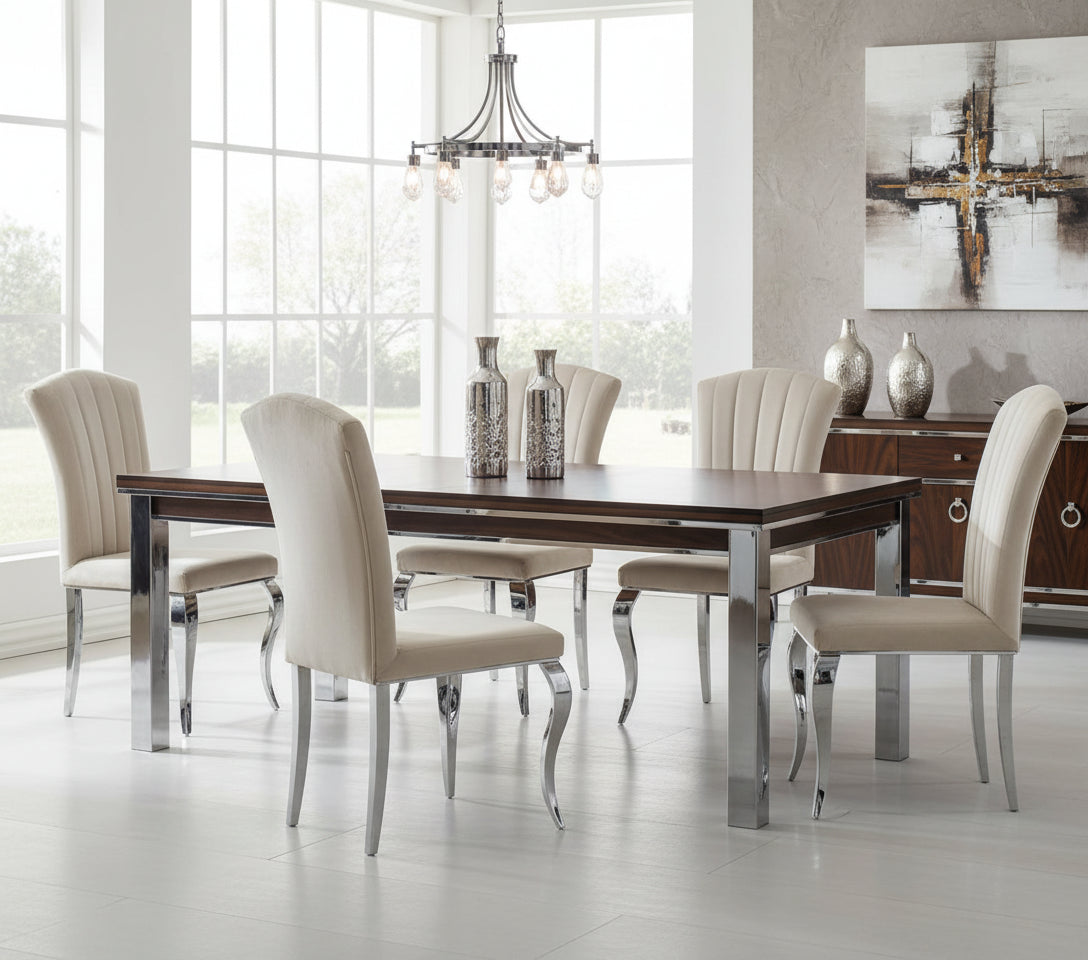 Lot de 6 Chaises baroque LOUIS Chrome Velours Beige