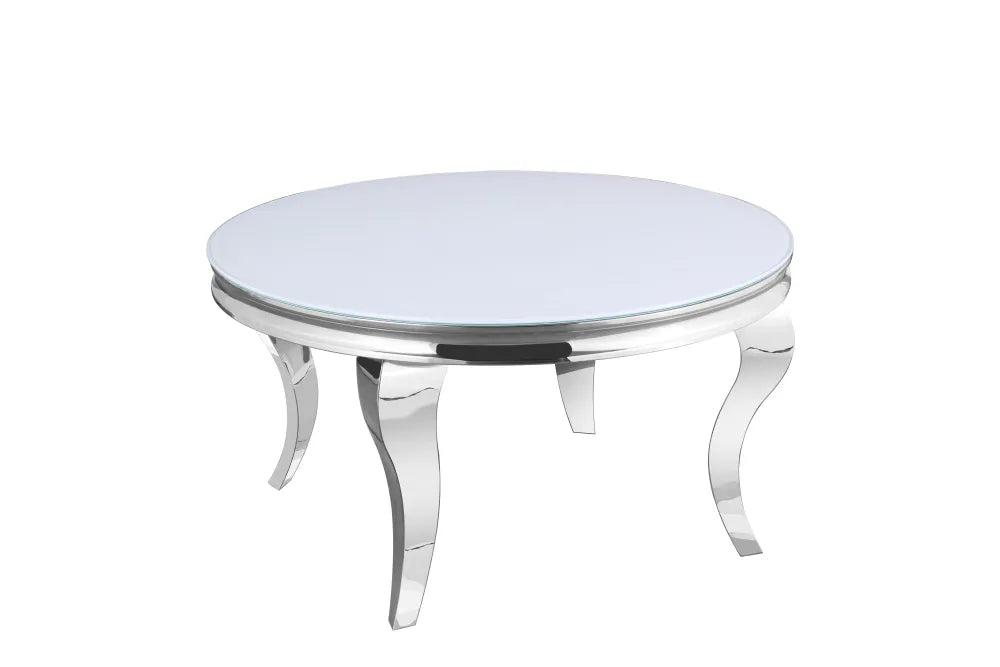 Table Basse BAROQUE Ronde Plateau Verre Trempé Blanc Structure Chrome D80x45cm