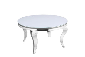 Table Basse BAROQUE Ronde Plateau Verre Trempé Blanc Structure Chrome D80x45cm