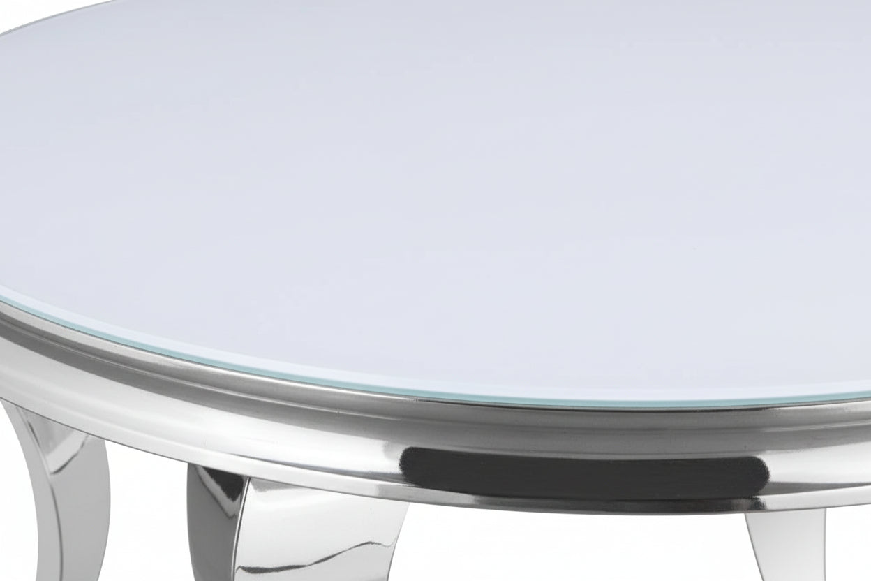 Table Basse BAROQUE Ronde Plateau Verre Trempé Blanc Structure Chrome D80x45cm