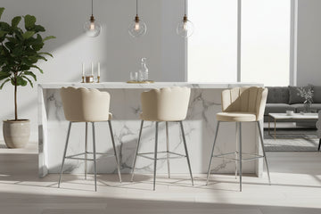 Lot 2 Tabourets de Bar Nymphea Velours Beige Pieds Chrome