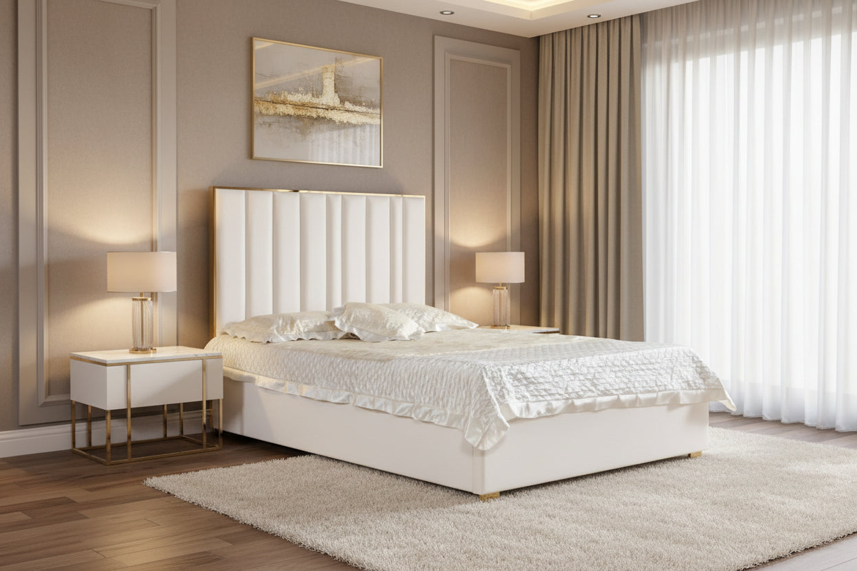 Lit 2 places 140x190 cm velours beige sommier inclus TONY