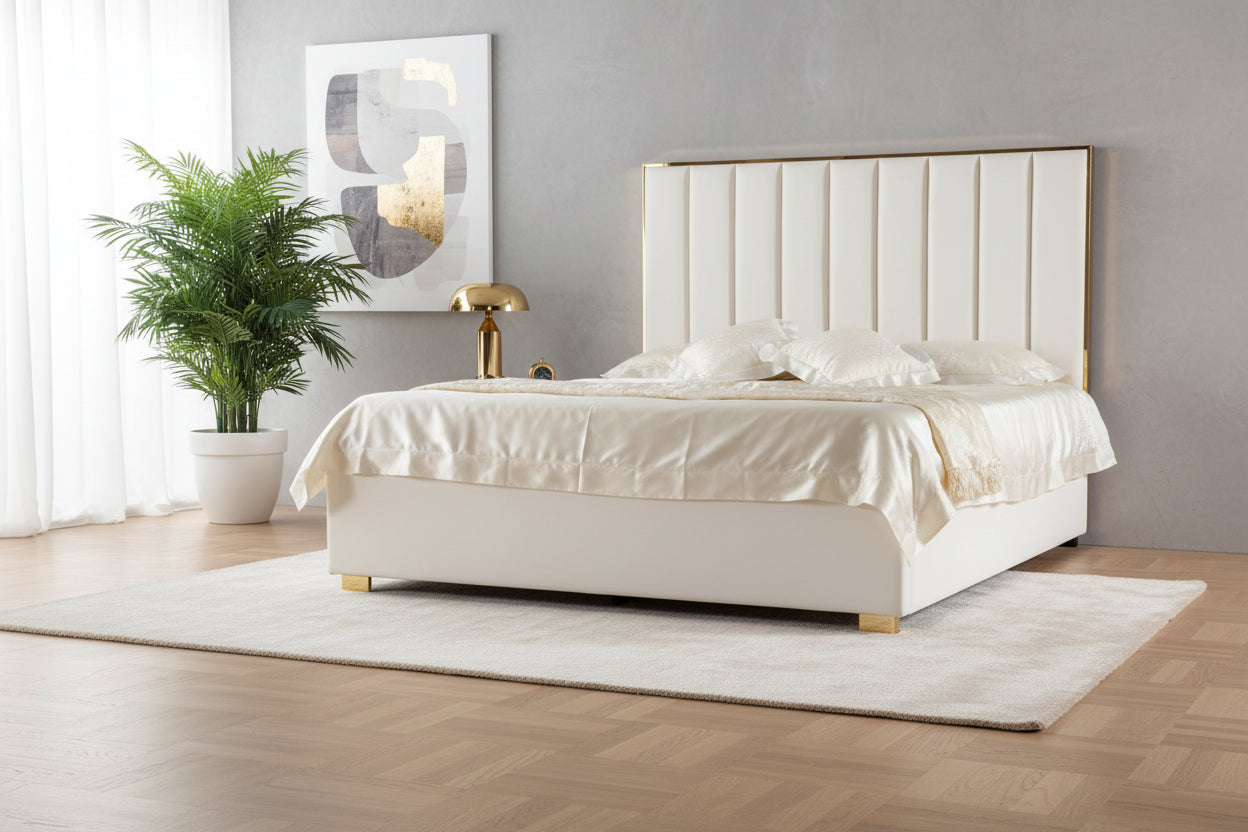 Lit 2 places 140x190 cm velours beige sommier inclus TONY