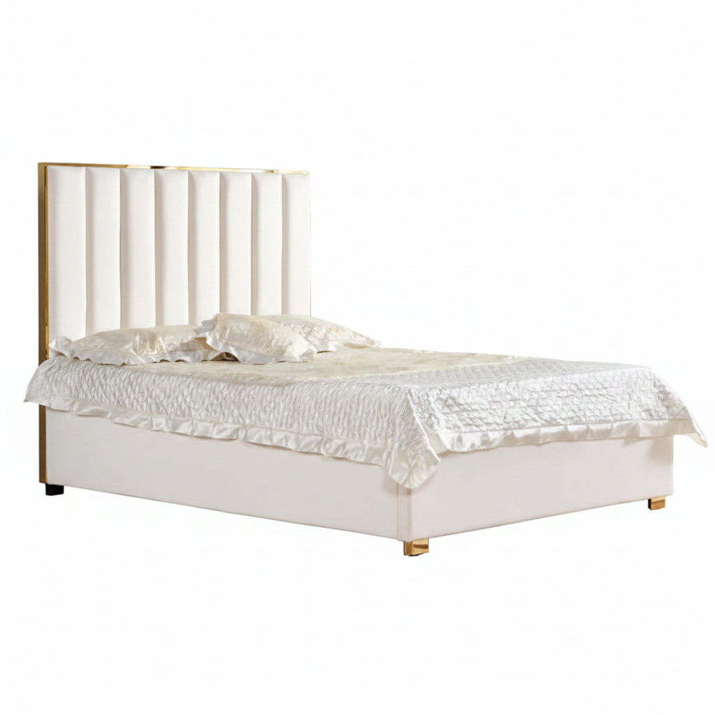 Lit 2 places 140x190 cm velours beige sommier inclus TONY