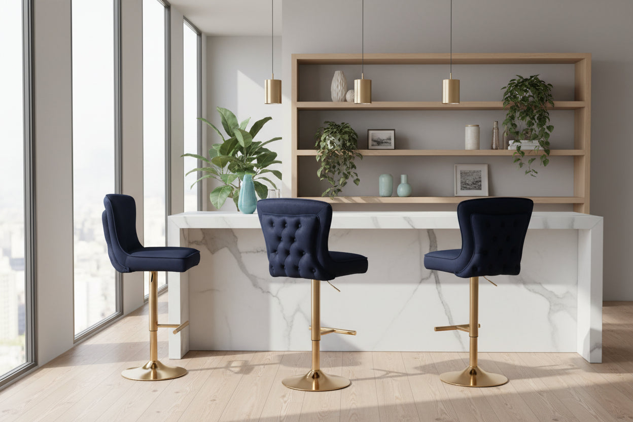 Lot 2 Tabourets de Bar Gabrielle Velours Noir Pieds Gold Hauteur Assise 65cm