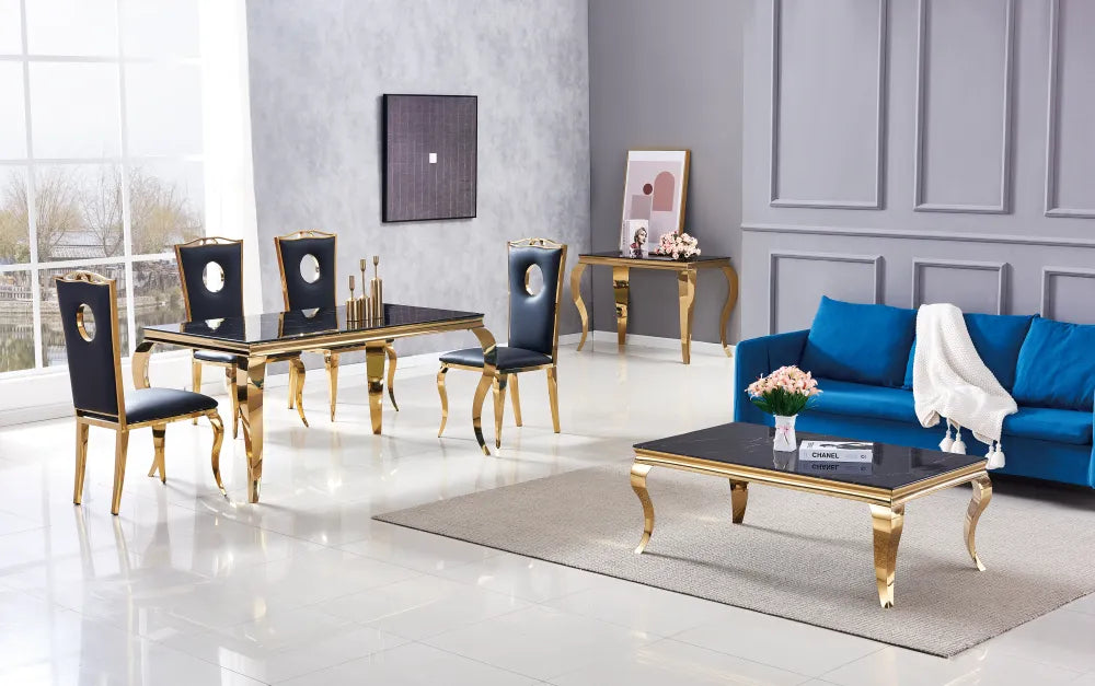 Table à manger BAROQUE 6 à 8 couverts 180x90 cm pieds gold plateau en verre effet marbré noir