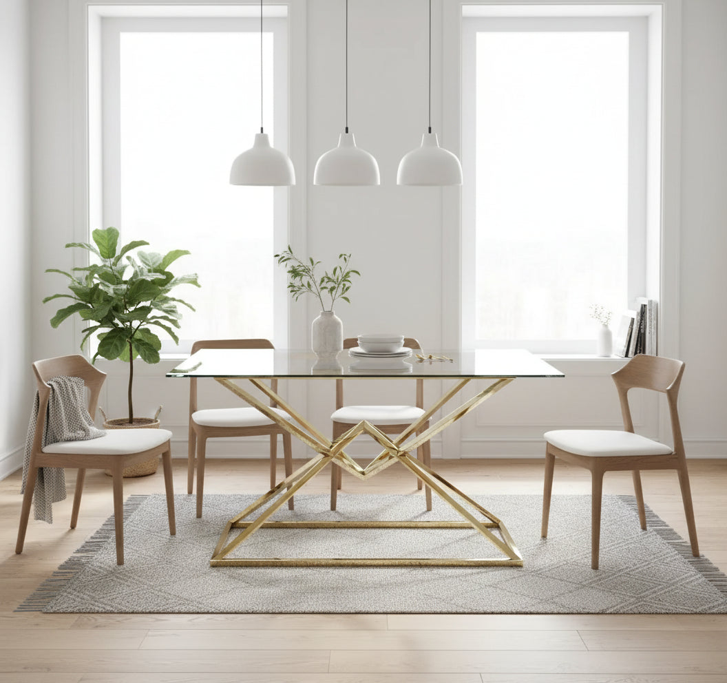 Table à Manger Rectangulaire Verre Transparent Pieds Gold – 150×90 cm – PYRAMIDE