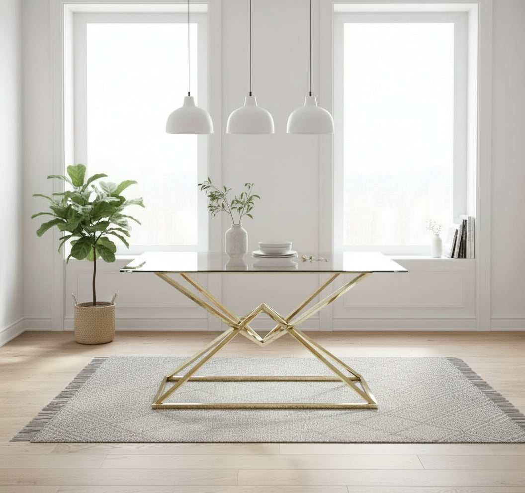 Table à Manger Rectangulaire Verre Transparent Pieds Gold – 150×90 cm – PYRAMIDE