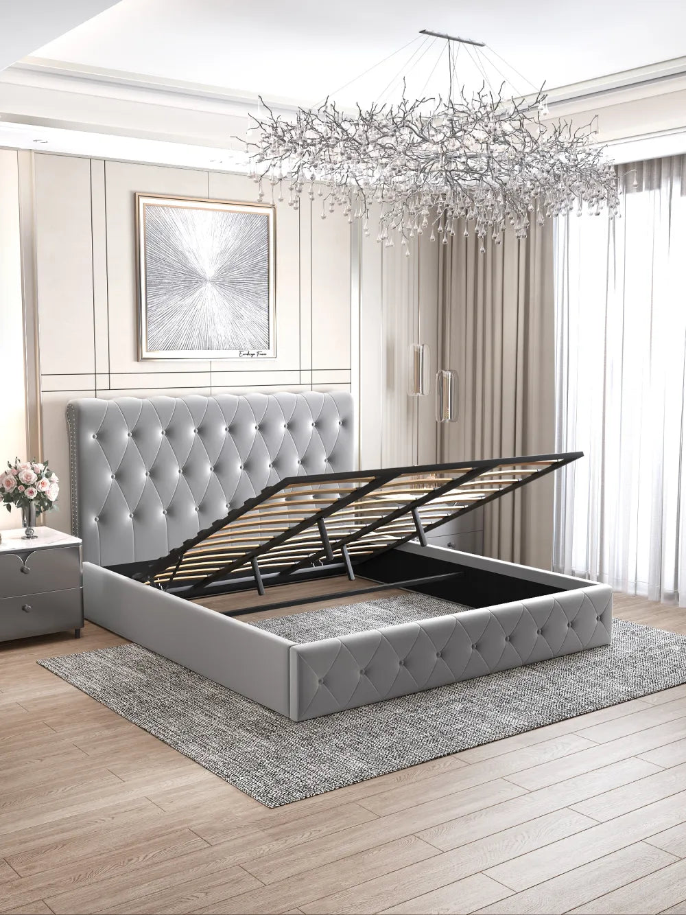 Lit coffre 2 places en velours gris 180x200cm CORSICA