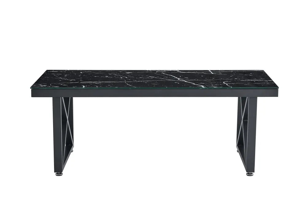 Table Basse LEVANTO Plateau Verre Trempé Marbré Noir Structure Métal Noir 120x60x45cm