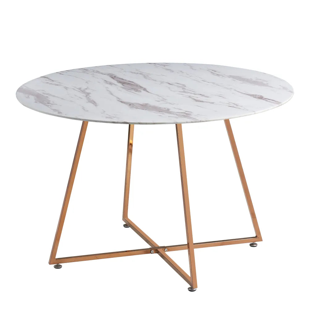 Table à Manger Ronde Verre Marbré Blanc & Pied Rose Gold – D120×75 cm  – HELOISE