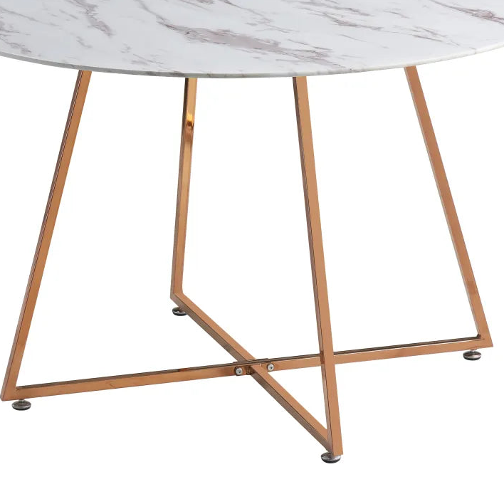 Table à Manger Ronde Verre Marbré Blanc & Pied Rose Gold – D120×75 cm  – HELOISE