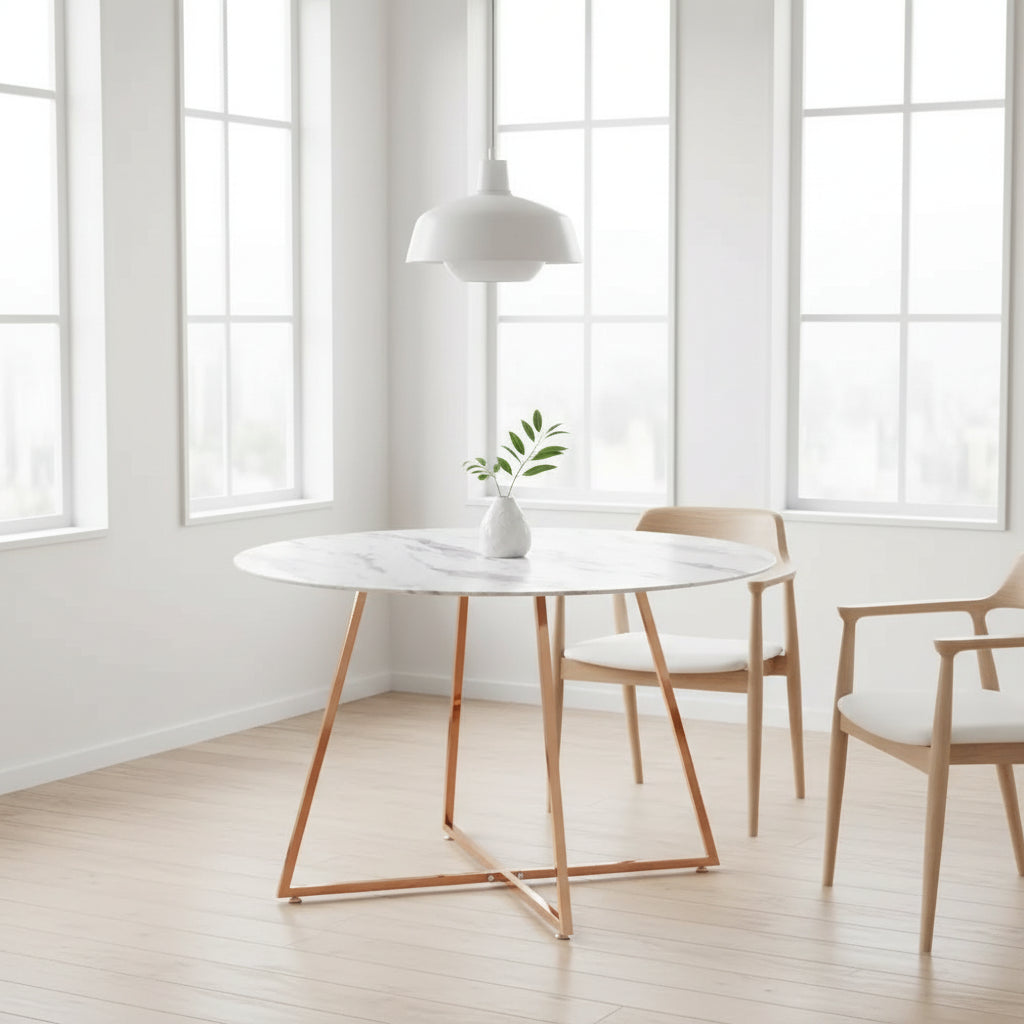 Table à Manger Ronde Verre Marbré Blanc & Pied Rose Gold – D120×75 cm  – HELOISE