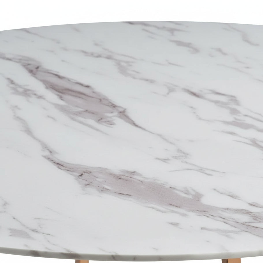 Table à Manger Ronde Verre Marbré Blanc & Pied Rose Gold – D120×75 cm  – HELOISE