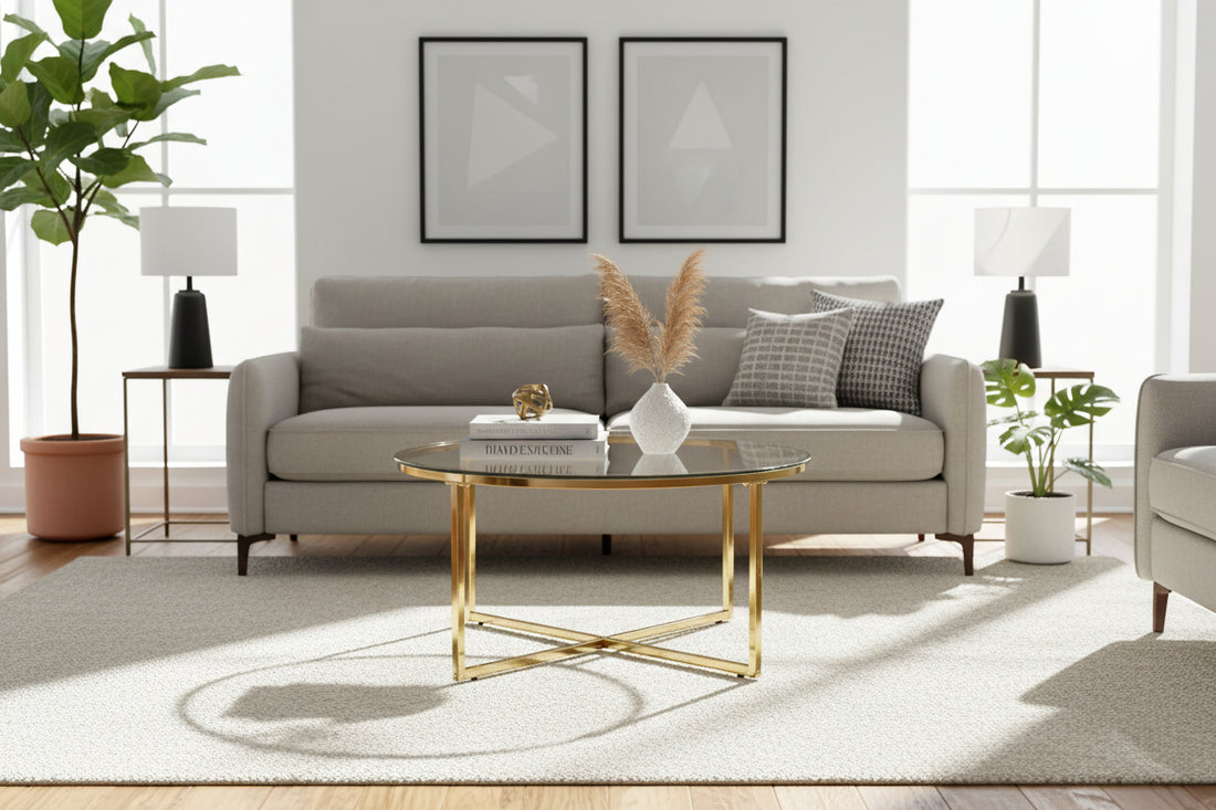 Table Basse LORIE Ronde Plateau Verre Trempé Transparent Structure Métal Gold D90x45cm