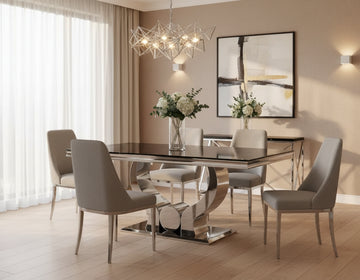 Table à manger verre noir pied métal chrome 180x90 cm TROFY