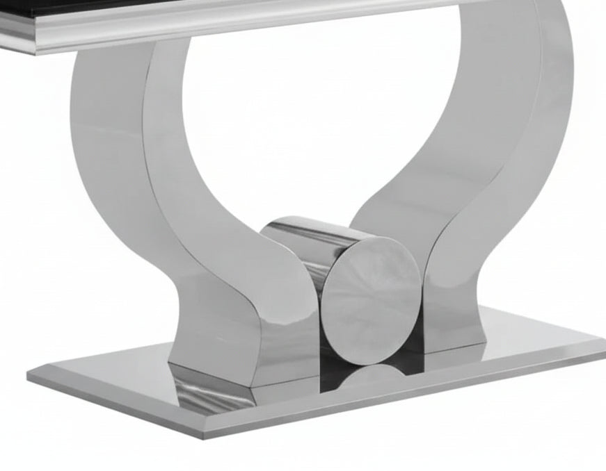 Table à manger TROFY 4 à 6 personnes 150x90 cm chrome plateau en verre noir