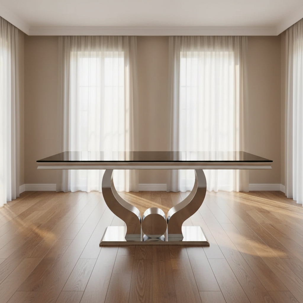 Table à manger TROFY 4 à 6 personnes 150x90 cm chrome plateau en verre noir