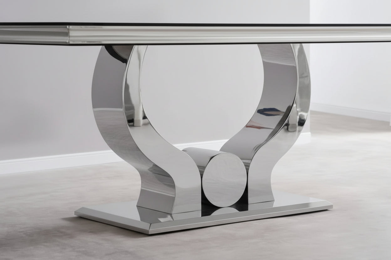 Table à manger verre noir pied métal chrome 180x90 cm TROFY