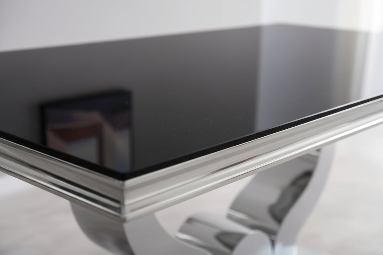 Table à manger verre noir pied métal chrome 180x90 cm TROFY