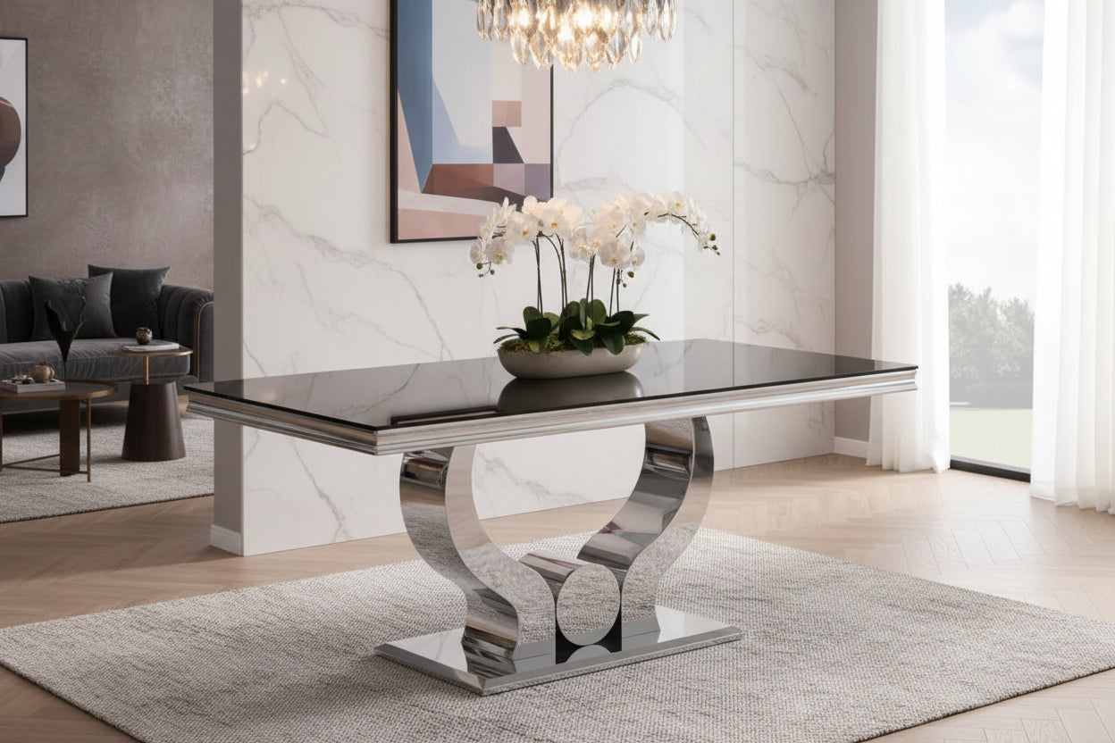 Table à manger verre noir pied métal chrome 180x90 cm TROFY