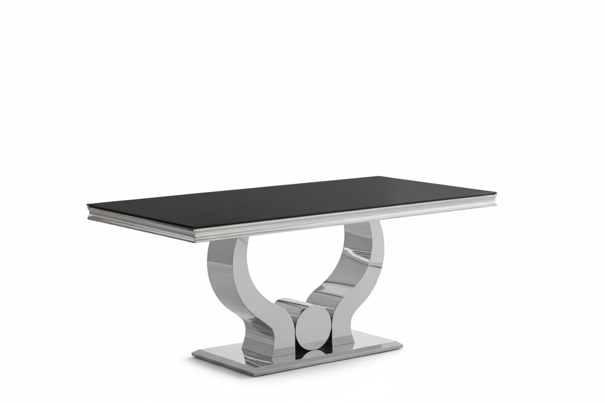 Table à manger verre noir pied métal chrome 180x90 cm TROFY