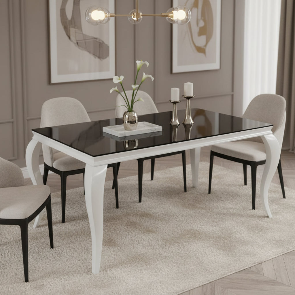 Table à manger BAROQUE 4 à 6 couverts pieds chrome plateau en verre 150x90 cm #couleur_noir