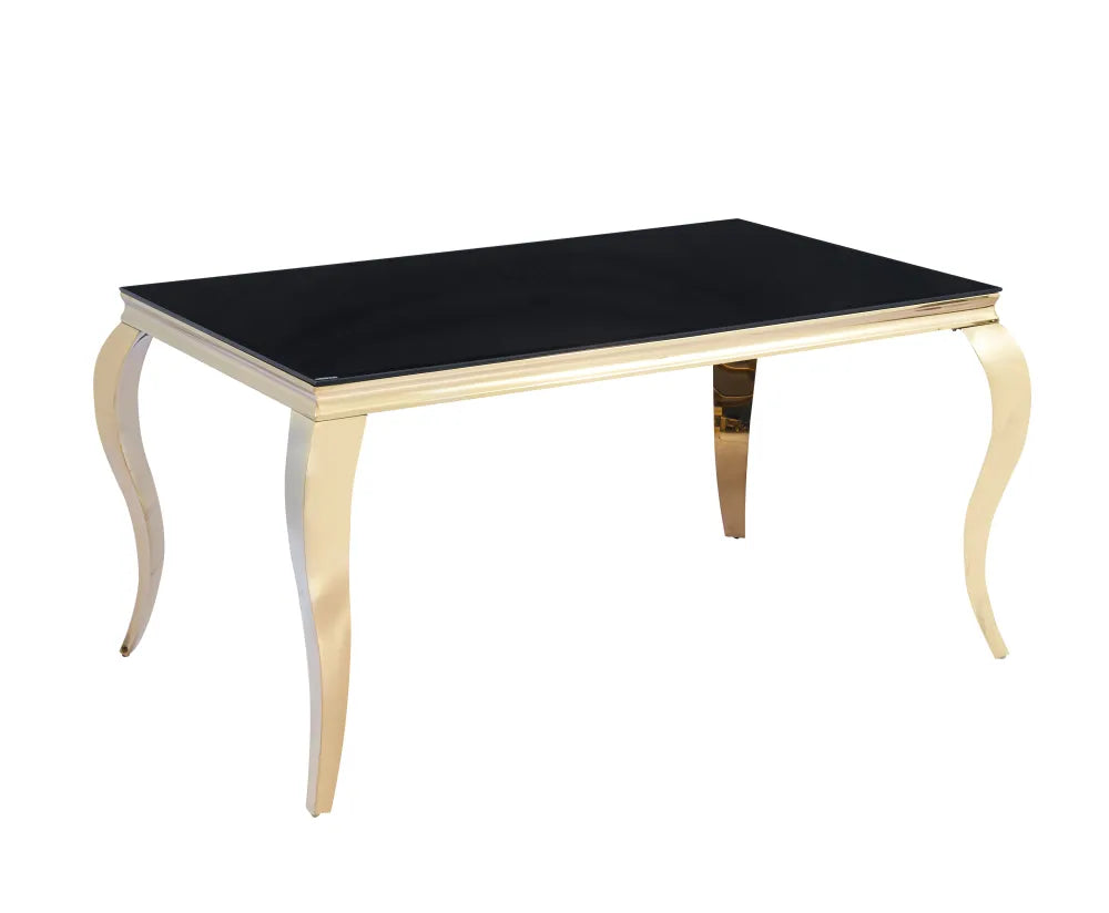 Table à manger BAROQUE 4 à 6 couverts pieds gold plateau en verre 150x90 cm #couleur_noir