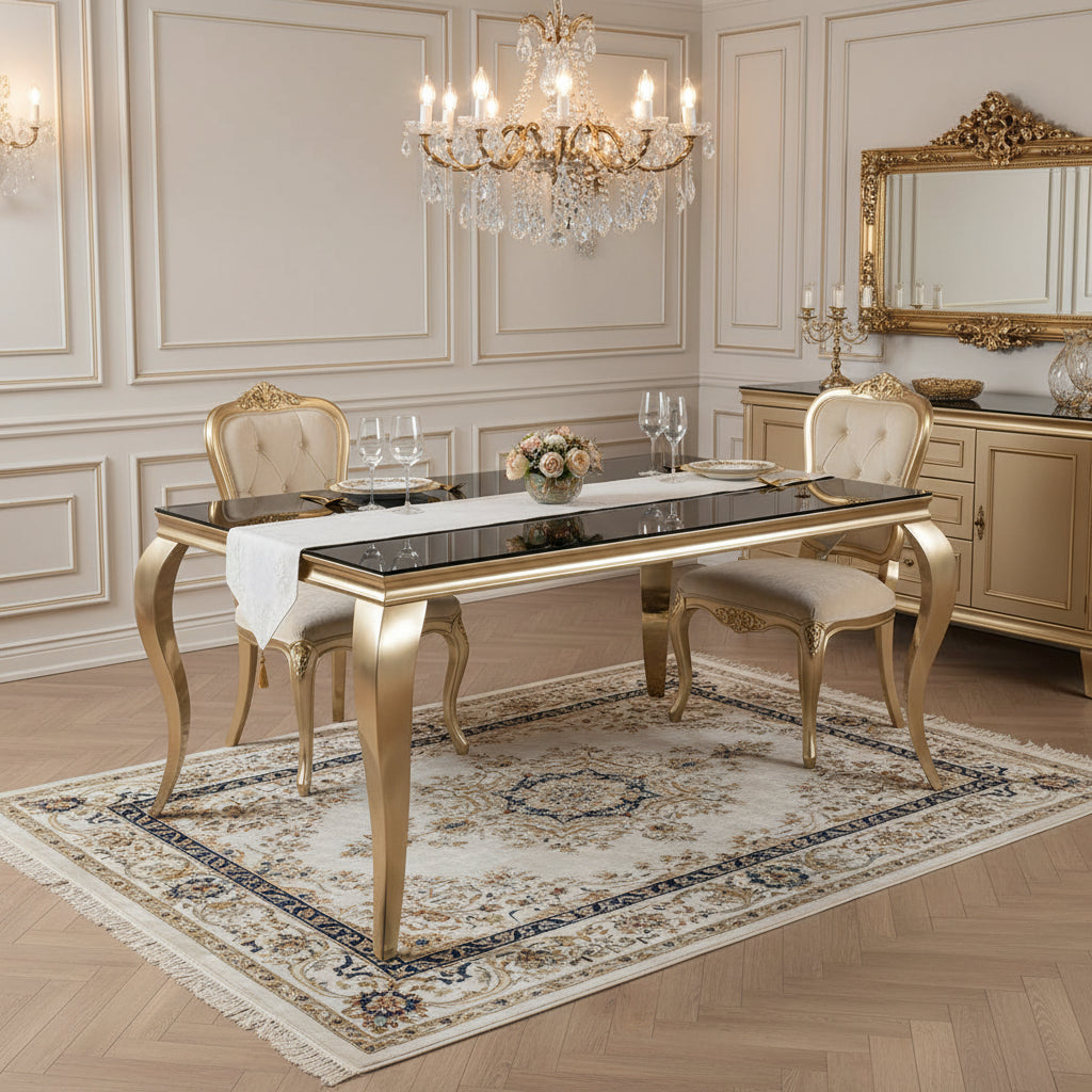 Table à manger BAROQUE 6 à 8 couverts pieds gold plateau en verre 180x90 cm #couleur_noir