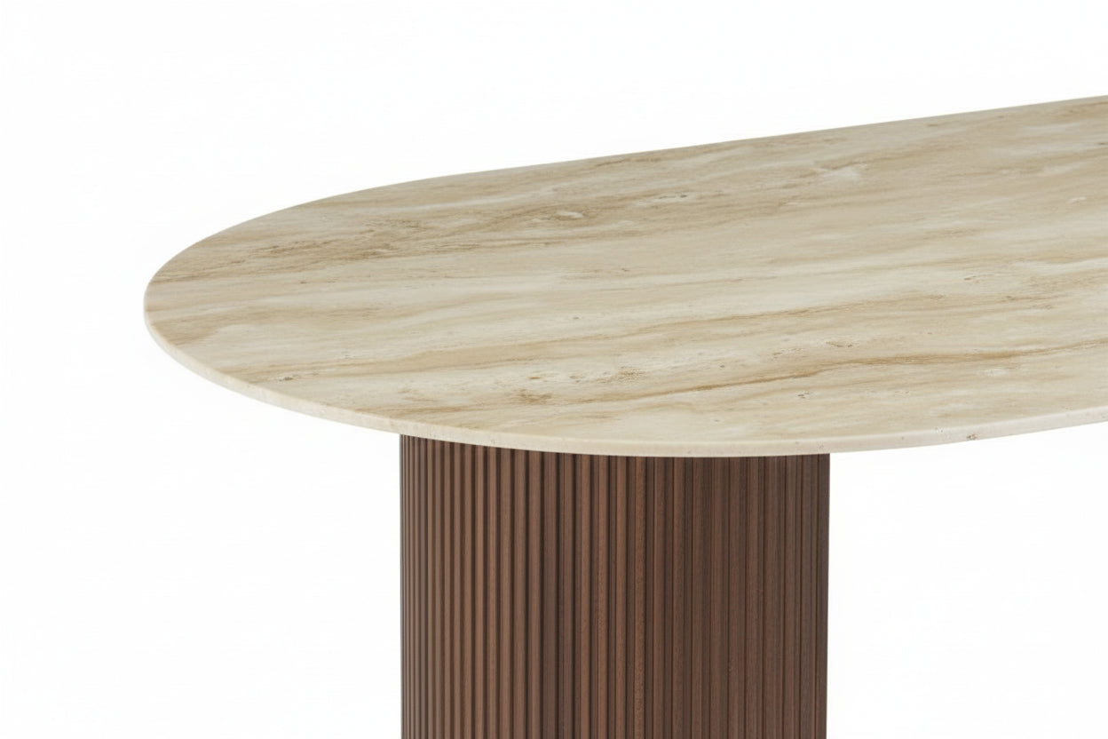 Table à Manger – Pieds Métal Effet Noyer – Plateau Céramique Travertin – 180 cm