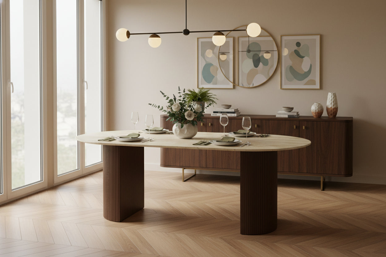 Table à Manger – Pieds Métal Effet Noyer – Plateau Céramique Travertin – 180 cm