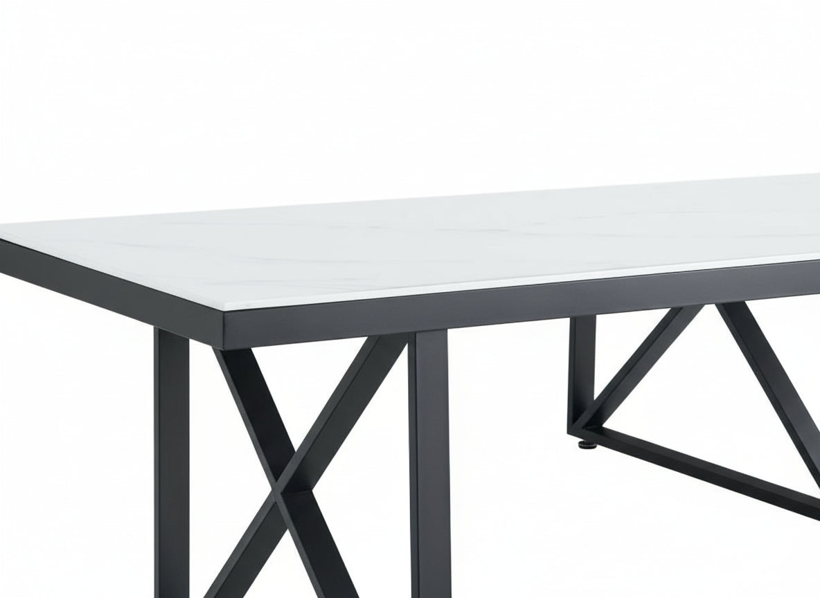 Table repas LEVANTO métal noir plateau en verre trempé - Marbré blanc