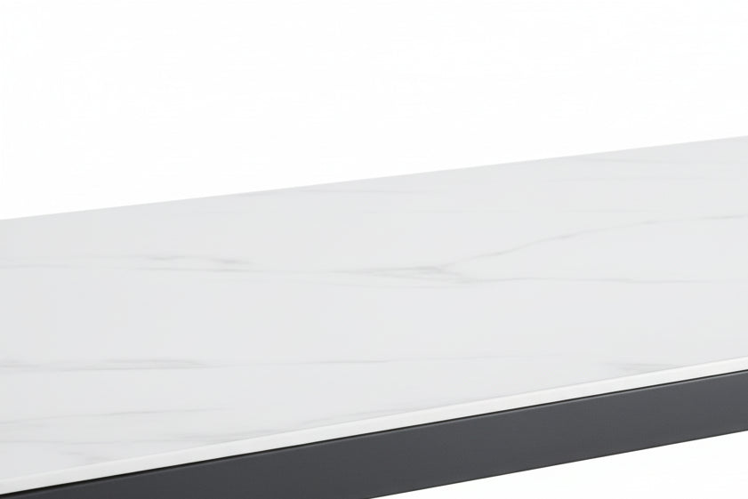 Table à Manger Design Verre Trempé Marbré Blanc & Métal Noir – 180×90 cm