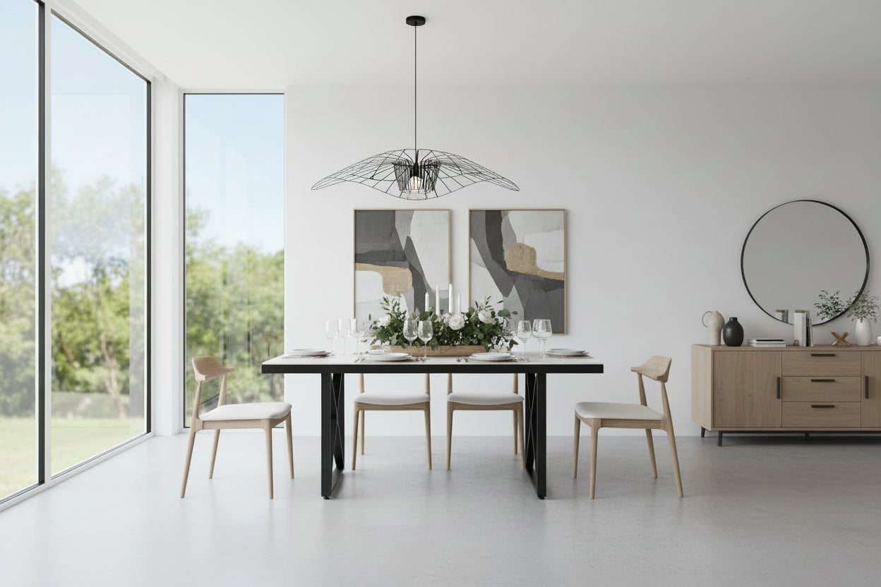 Table à Manger Design Verre Trempé Marbré Blanc & Métal Noir – 180×90 cm