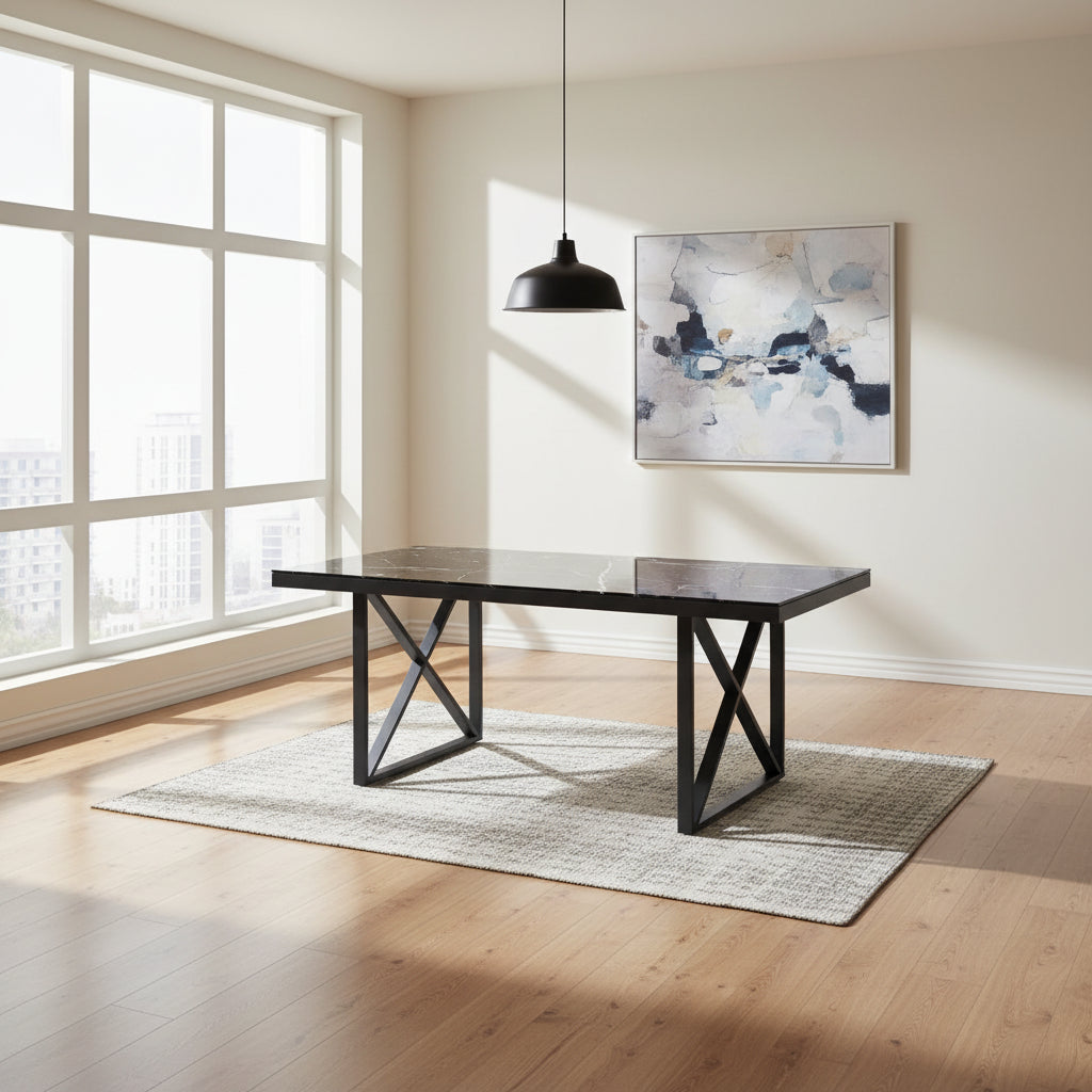 Table repas LEVANTO métal noir plateau en verre trempé #couleur_marbré-noir
