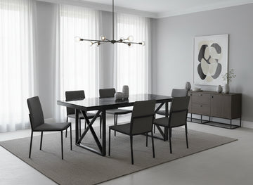 Table repas LEVANTO métal noir plateau en verre trempé #couleur_marbré-noir
