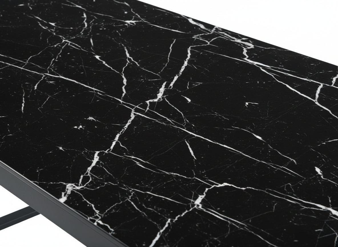 Table repas LEVANTO métal noir plateau en verre trempé #couleur_marbré-noir